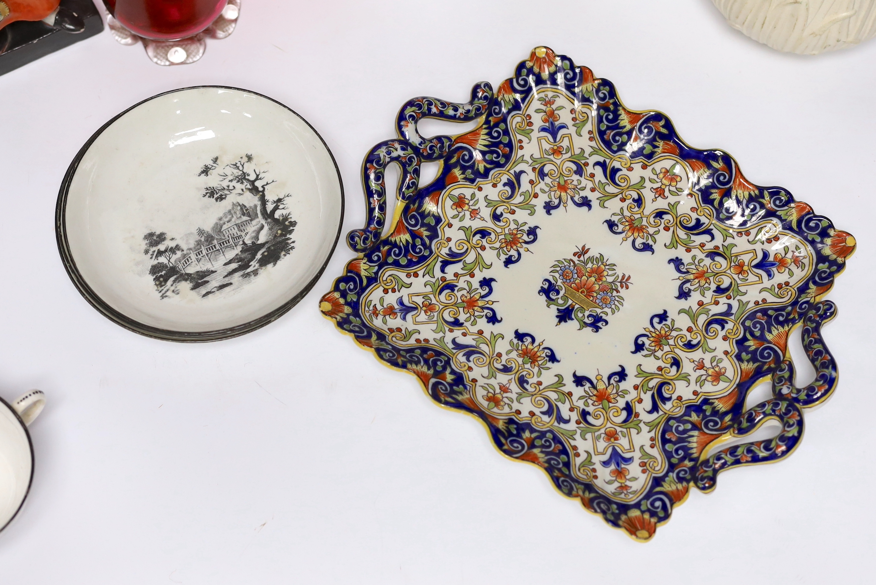 Mixed glass and ceramics including cranberry glass decanter and four other pieces, New Hall bat printed tea cups and saucers and tin glazed dishes, largest 24cm in diameter